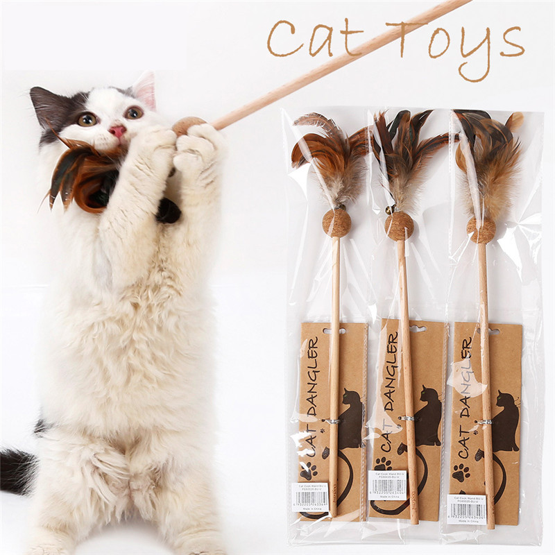 Wooden Cat Feather Teaser Wand Chew Toys (1)